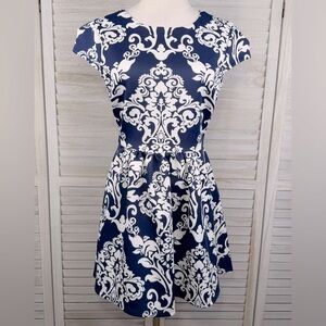B DARLIN Fit & Flare Dress Navy/White Medallion Print Sheer Back-1/2 and 9/10